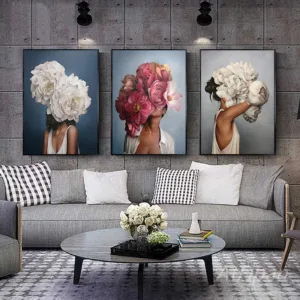 Flowers Feathers Woman Abstract Canvas Painting Wall Art Print P