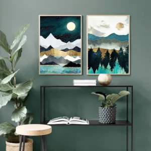 Forest mountain range sunset landscape poster wall art abstract canvas painting for living room