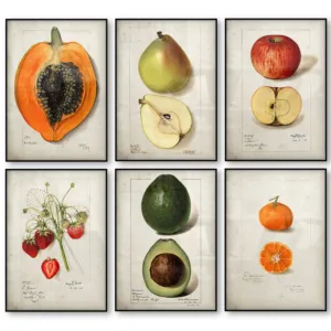 Fruit Kitchen Poster Vintage Poster Antique Canvas Print Pear Apple Orange Pineapple Wall Art Decorative Picture Canvas Painting