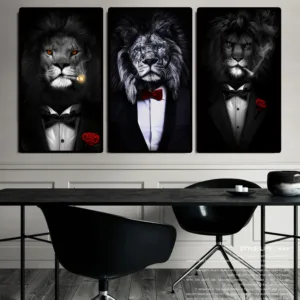 Funny Animal Black White Lion In Suit Canvas Art Posters And Pri