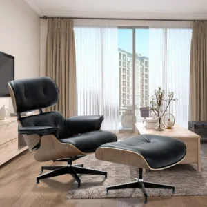 Furgle Black Leather Armchair with Ottoman Walnut wood Chaise Classic Lounge Chair Real Leather Reproduction Lounge Chair