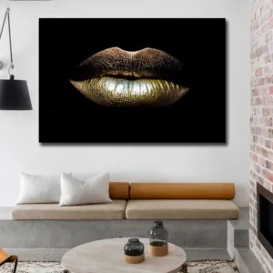 Fuwatacchi Black Sexy Charming Gold Lips Canvas Painting Wall Art Modern Pictures For Living Room Home Decor Posters and Prints