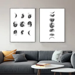 Solar System Wall Art Black and White Moon Phases Canvas Art Prints Minimalist Space Poster Painting for Living Room Home Decor