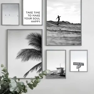 Gallery Wall Art Prints Black and White Palm Tree Surf Ocean Landscape Inspiring Posters and Print Wall Decor for Living Room