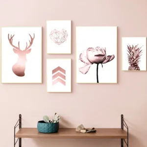 Geometric Heart Deer Canvas Painting Pineapple Wall Art Rose Gold Print Peony Poster Nordic Pictures Rose Gold Decoration Home
