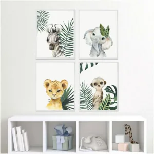 Giraffe Elephant Lion Jungle Nordic Posters and Prints Green Leaf Wall Art Canvas Painting Pictures for Boys Living Room Decor