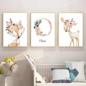 Girl's Name Custom Posters And Prints Flowers Letter Canvas Painting Nursery Poster Wall Pictures Baby Girl Bedroom Decor Gift