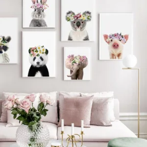 Girls Nursery Decor Baby Animals Lamb Rabbit Koala Pig Elephant with Flower Crown Print Anime Poster Kids Room Painting Picture