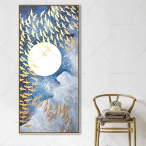 Gold Bird Flying Blue SKY Oil Painting Landscape Gold Abstract 100% Hand Painted  Furnishing Restaurant Oil Painting On Canvas