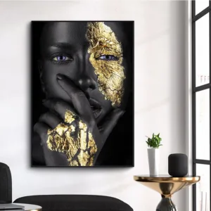 Gold Face Hand Africa Black Woman Meditation Oil Painting on Canvas Poster and Prints Cuadros Art Picture for Living Room