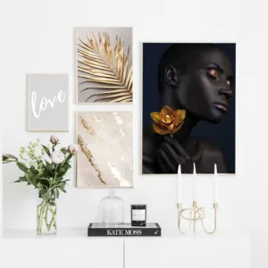 Gold Flower Figure Painting Prints Golden Palm Leaf Posters Abstract Line Wall Art Pictures For Living Room Modern Home Decor