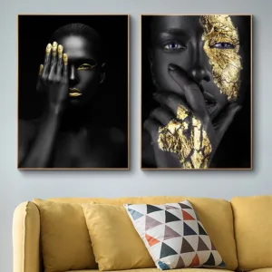 Gold Lips Eyes Nude Africa Black Woman Portrait Canvas Painting Poster and Prints Cuadros Wall Art Picture for Living Room