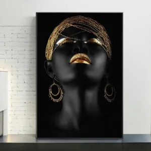Gold and Black Modern Makeup Model African Woman Canvas Wall Art Paintings Fashion Girl Poster Prints for Living Room Home Decor