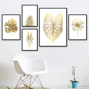 Golden Monstera Palm Leaf Wheat Flower Wall Art Canvas Painting Nordic Posters And Prints Wall Pictures For Living Room Decor
