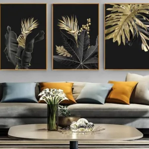Golden Plant Leaf Abstract Canvas Art Painting Nordic Poster Black White Print Minimalist Wall Picture Modern Living Room Decor