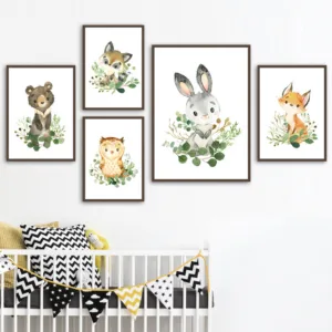 Green Leaves Bear Rabbit Fox Raccoon Nursery Wall Art Canvas Painting Nordic Posters And Prints Wall Pictures Kids Room Decor
