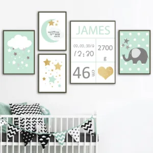 Green Posters Elephant Cloud Moon Canvas Painting Wall Art Custom Date Birth Nursery Poster Print Wall Pictures For Kids Room