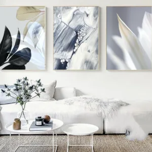 Grey Abstract Painting Scandinavian Marble Poster Black Leaf Print Botanical Canvas Print Wall Art Picture Living Room Decor