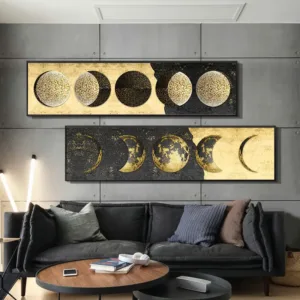 Moon Phase Canvas Painting, Golden Moon Wall Art Posters, Big Size Planet Prints, Solar Wall Pictures for Living Room Decor