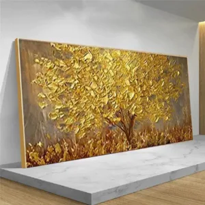 Golden Leaves and Gold Tree Canvas Painting Plants and Tree Posters and Prints Wall Art Abstract Pictures for Living Room Decor