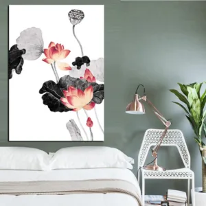 HD Print Traditional Chinese Calligraphy Painting Pink Lotus Leaf Canvas Art Wall  Picture  For Living Room Sofa Cuadros Decor