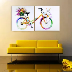 Hand Painted Abstract 2 panels Oil Painting A Cute Dog Sitting On the Bicycle Basket Modern Minimalist Canvas For Living Room