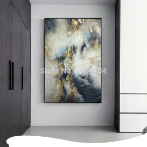 Hand painted Abstract Gold and Blue Oil Paintings Handmade Modern Canvas Painting Wall Painting for Living Room home Decoration
