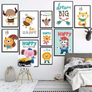Happy Be Brave Dream Big Cartoon Cute Animals Wall Art Poster Canvas Painting Modular Picture Modern Home Decor For Kids Room