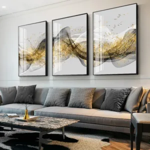 Golden Abstract Ribbon Landscape Canvas Wall Art Poster, Minimalist  Flying Birds Wall Painting  for Bedroom, Living Room