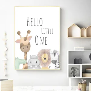 Hello Little One Safari Jungle Animals Prints Nordic Poster Neutral Nursery Wall Decor Canvas Painting for Kids Boys Girls Room