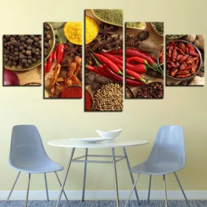 Home Decor Wall Art Framed Posters Prints 5 Panel Spoon Grains Spices Peppers Canvas Painting Kitchen Modular HD Food Picture