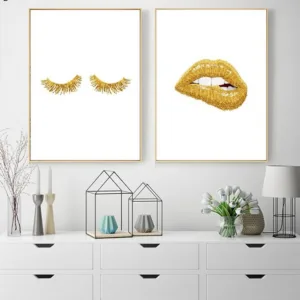JUBEER Gold Lip Art Fashion Poster Prints Sexy Lips Wall Art Canvas Painting Lashes Print Wall Picture Nordic Style Salon Decor