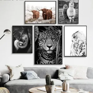 Jaguar Cow Cute Alpaca Animal Poster and Prints Black White Wall Art Nursery Canvas Painting Pictures for Living Room Home Decor