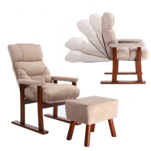 Japanese Style Upholstery Furniture Wood Sofa Armchair Ottoman Living Room Modern Reclining Relax Accent Arm Chair W/Foot Stool