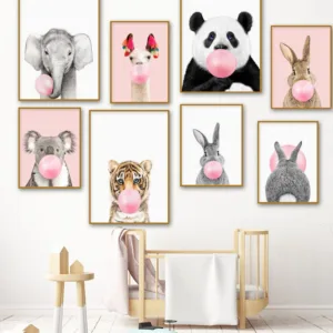Kawaii Pink Bubble Gum Animal Child Poster Nursery Canvas Print Wall Art Painting Nordic Kids Decoration Picture Baby Room Decor