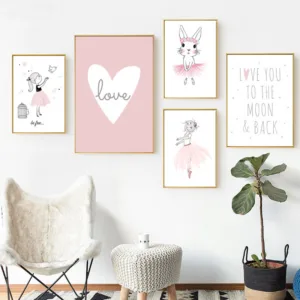 Kids Room Poster Pink Rabbit Children Poster Baby Room Decor Nursery Wall Art Canvas Painting Prints Ballet Girl Bedroom Picture