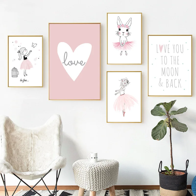 Kids Room Poster Pink Rabbit Children Poster Baby Room Decor Nursery Wall Art Canvas Painting Prints Ballet Girl Bedroom Picture