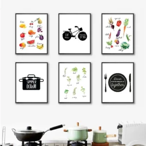Kitchen Typography Wall Art Canvas Posters Print Watercolor Herbs Fruit and Vegetable Painting Wall Pictures Kitchen Decor