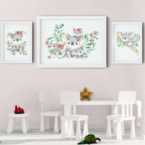 Koala Baby Flower Leaf Nursery Wall Art Canvas Painting Cartoon Nordic Posters And Prints Wall Pictures Girl Boy Kids Room Decor