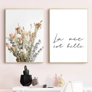 La vie est belle French Quote Black White Canvas Poster Flowers Wall Art Painting Print Nordic Decorative Picture Home Decor