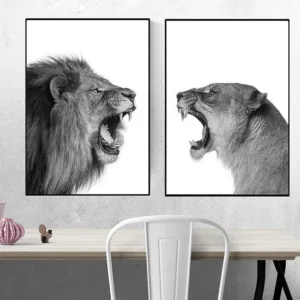 Lion and Lioness Canvas Poster Black White Woodlands Animal Wall Art Print Painting Nursery Wall Art Picture for Living Room