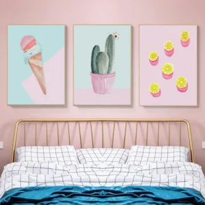 Lovely Pink Cactus Wall Canvas Pictures For Living Room Cartoon Nordic Style Ice Cream Poster Kids Room Nursery Decoration