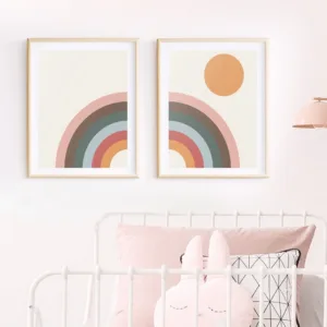 Mid Century Modern Rainbow Art Canvas Painting Prints Minimalist Rainbow & Sun Poster Retro Scandinavian Nursery Wall Art Decor