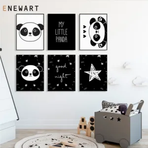 Minimalist Nursery Wall Art Canvas Painting Black White Kawaii Panda Poster Print Nordic Kids Bedroom Decoration Pictures