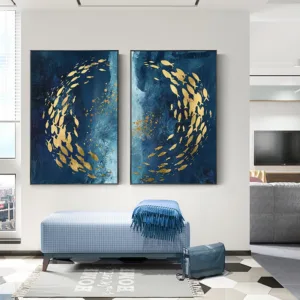 Modern Abstract Nordic Style Wall Art Canvas Painting Golden Fish Blue Sea Poster Home Decoration Wall Painting For Living Room