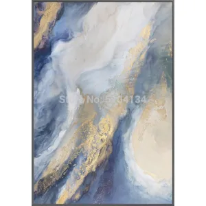 Modern High Quality 100% handmade Abstract Gold and Blue Oil Painting on Canvas with Gold for Living Room Home Decor Unframed