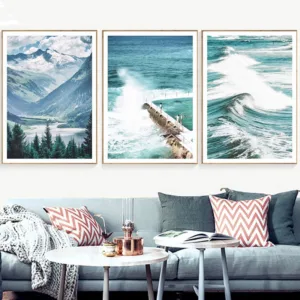 Modern Home Decoration Nordic Blue Scenery Poster Fresh Leaves Sea Bridge Lake Canvas Painting Wall Art Pictures For Bedroom