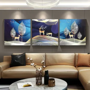 Modern Minimalist Wall Decoration Painting Gold Diamond Mountain Deer 3D Relief with Diamond Crystal Porcelain Painting