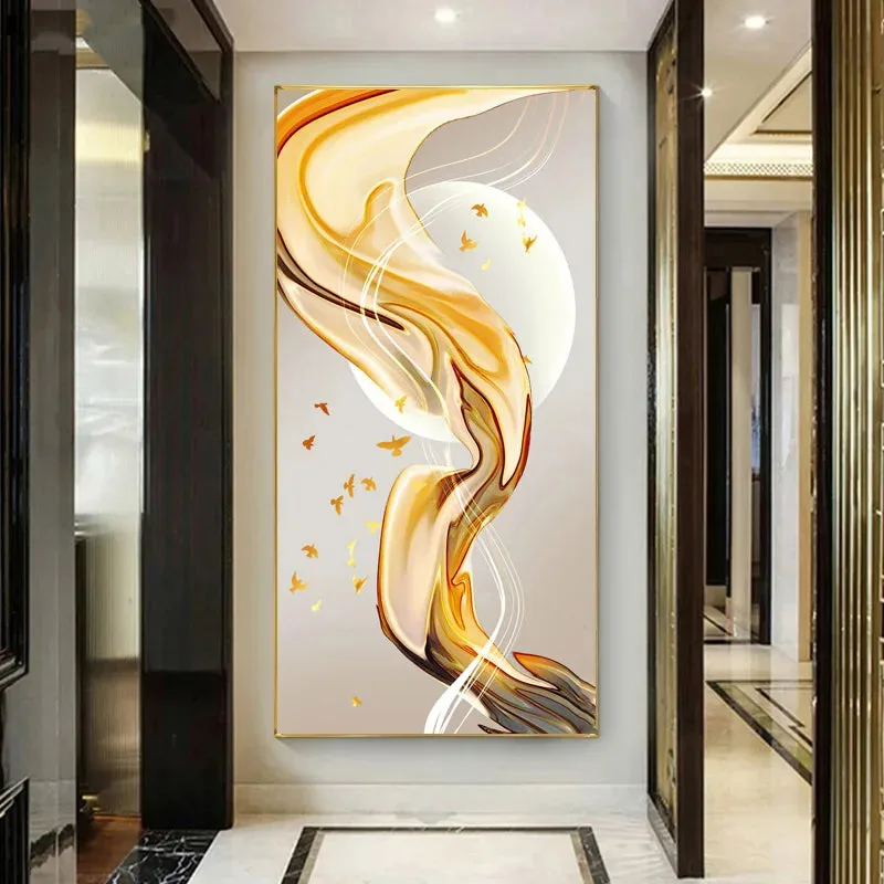 Abstract Auspicious Golden Flowing Ribbon Wall Art Fine Art Canvas Prints Pictures For Living Room Entryway Reception Room Light Luxury Foyer Art Decor
