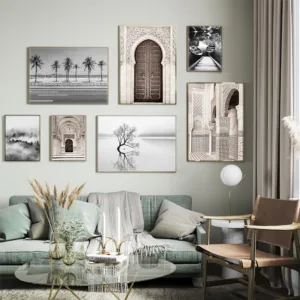 Morocco Door Nordic Poster Wall Art Canvas Painting Scenery Black White Boat Road Palm Wall Pictures For Living Room Unframed